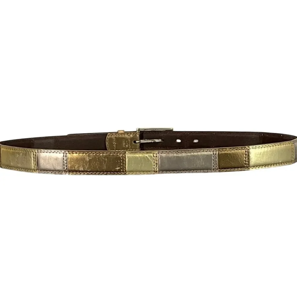Fossil Genuine Leather Vintage 90s Gold Bronze Patchwork Belt Women 35.5” -39.5”